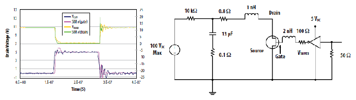Circuit diagram and oscillogram comparing EPC1001 TSPICE simulation results