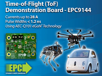 宜普电源转换公司（EPC）推出基于车规级氮化镓（eGaN）技术的飞行时间（ToF）演示板，可在高达28 A并具1.2纳秒脉宽的脉冲电流驱动激光