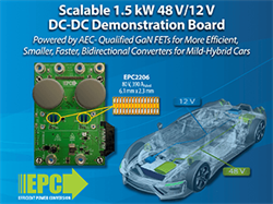 EPC推出由氮化鎵場效應電晶體驅動且可擴展的 1.5 kW 48 V/12 V DC/DC演示板，為輕混電動車和電池備用裝置提供 更高效、更小、更快的雙向轉換器