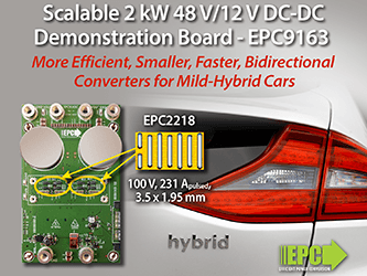 基于eGaN FET的2 kW、48V/12V DC/DC转换器， 让轻度混合动力汽车实现更高效、更小、更快的双向转换器
